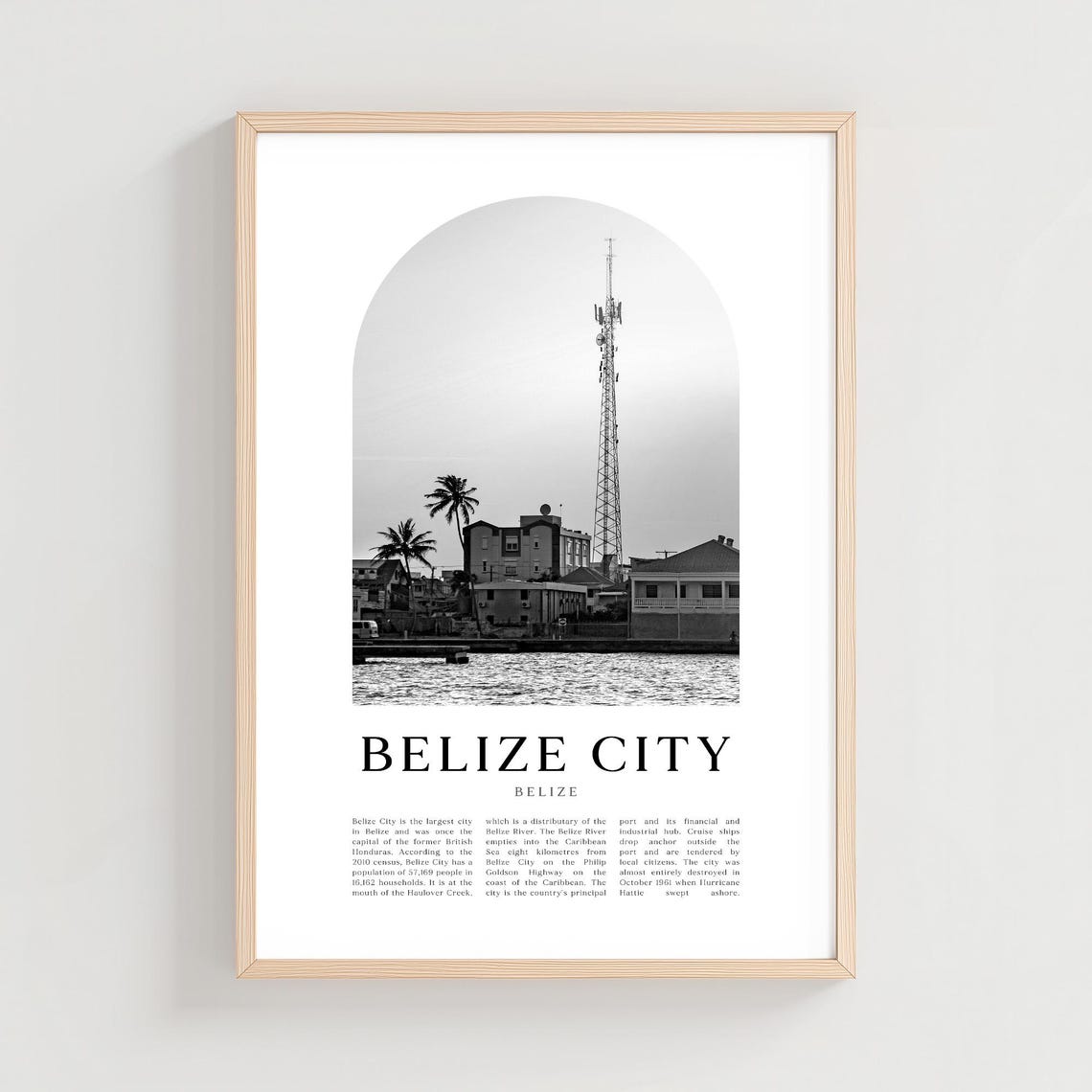 Belize City Belize Waterfront Tower Black White Arch Travel Poster
