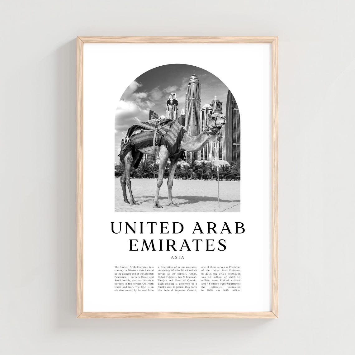 United Arab Emirates Camel Before Dubai Skyscrapers Black White Poster