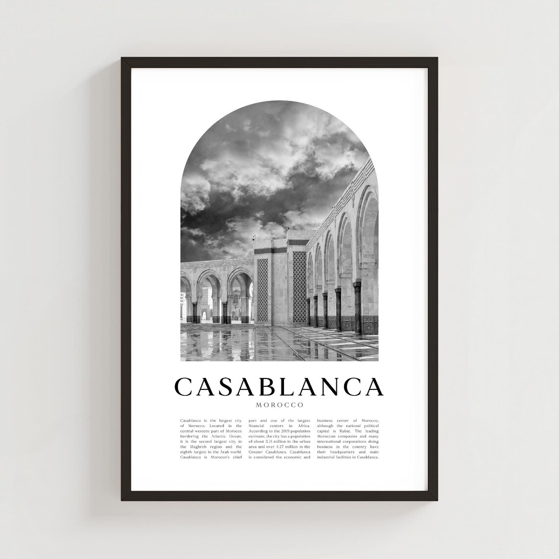 Casablanca Morocco Hassan II Mosque Black White Arch Photo Poster