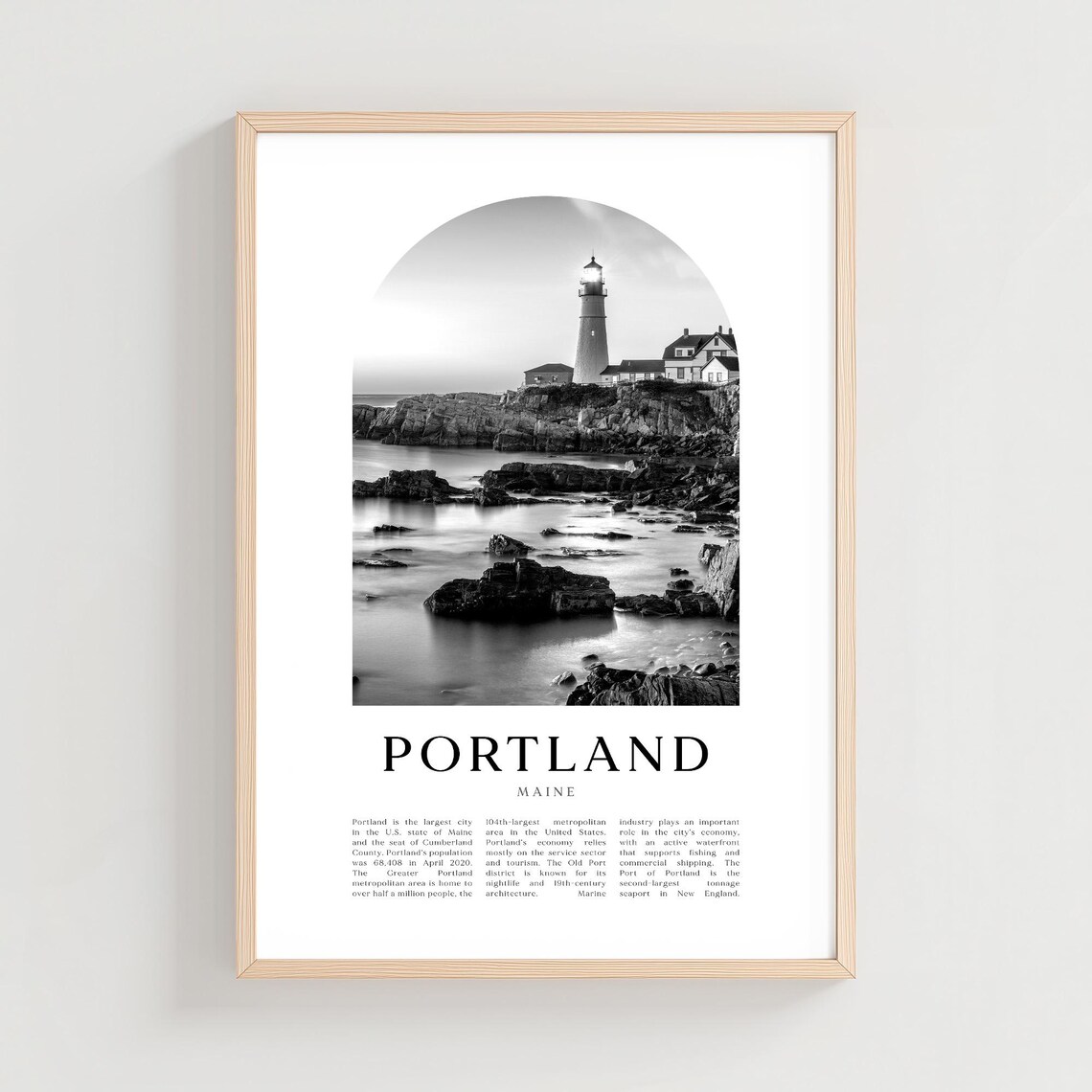 Portland Maine Lighthouse Rocky Shore Black White Photo Poster