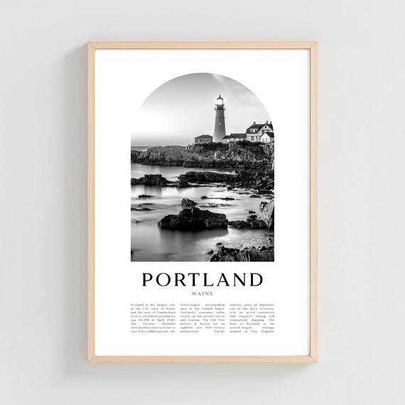 Portland Maine Lighthouse Rocky Shore Black White Photo Poster