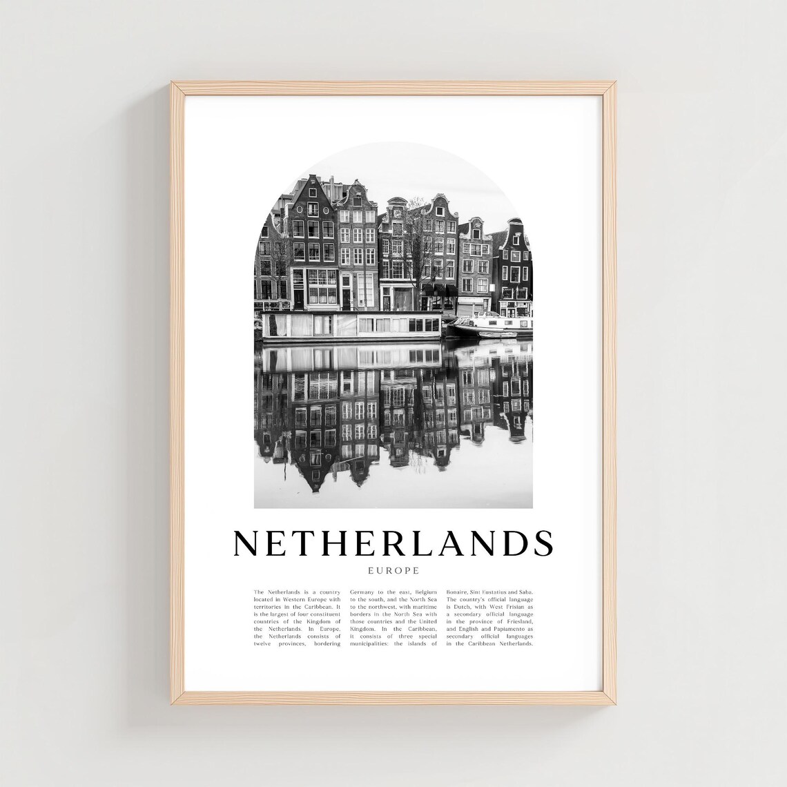 Netherlands Amsterdam Canal Houses Reflection Black White Photo Poster