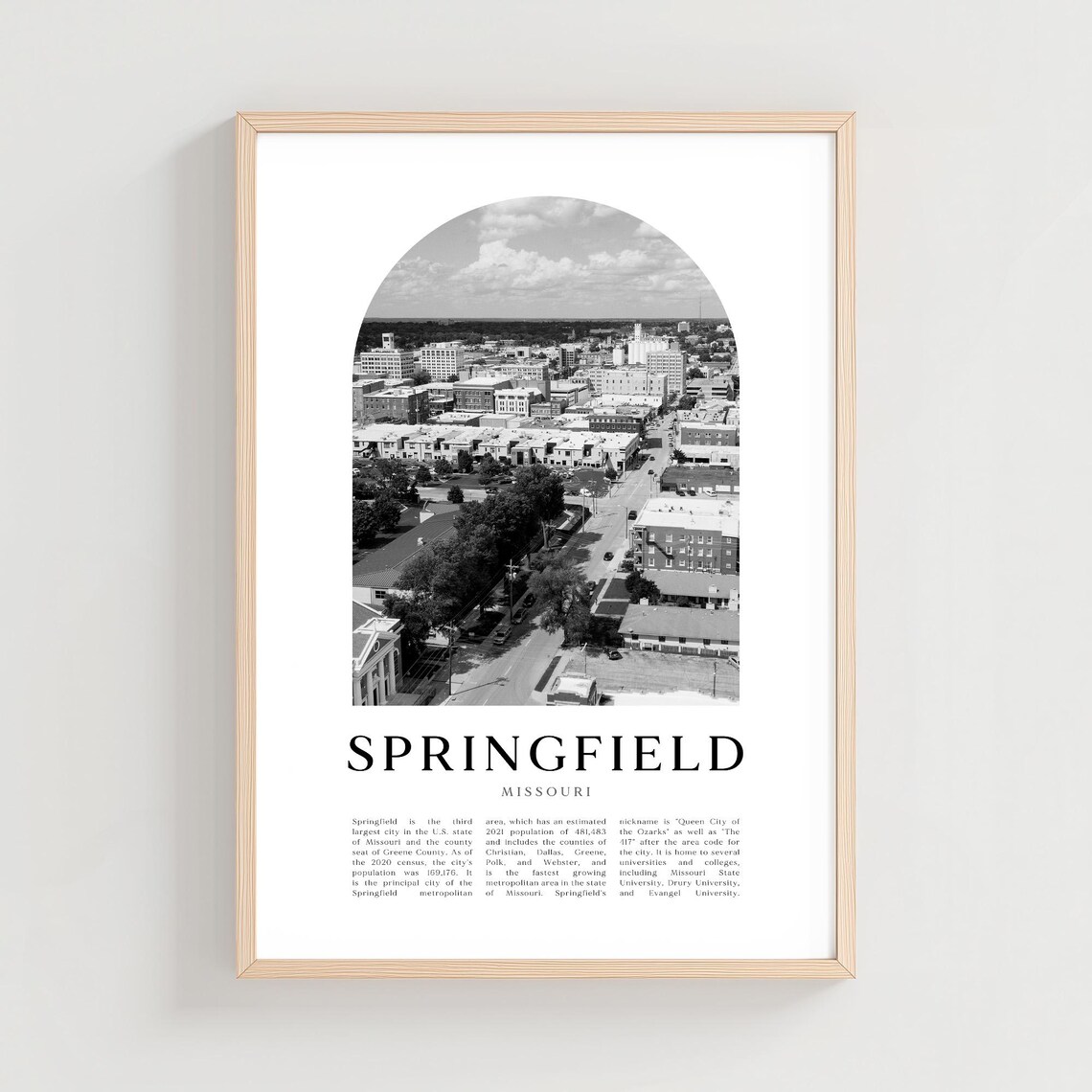 Springfield Missouri Downtown Aerial Black and White Travel Poster