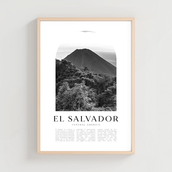 El Salvador Central America Volcano Black and White Travel Poster