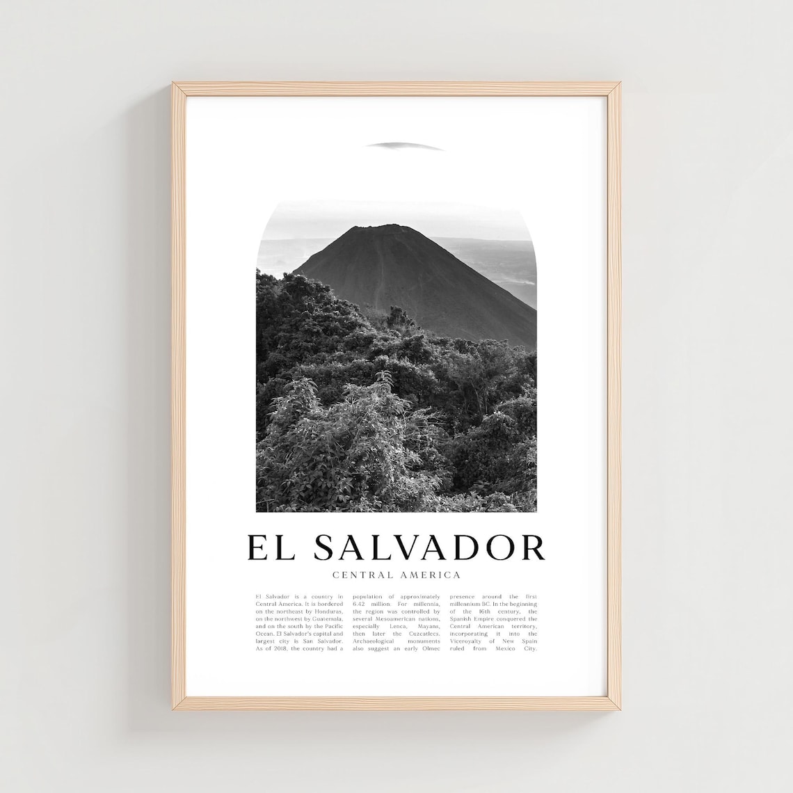 El Salvador Central America Volcano Black and White Travel Poster