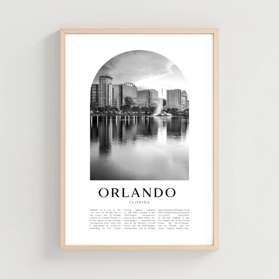 Orlando Florida Lake Eola Skyline Black and White Minimalist Print