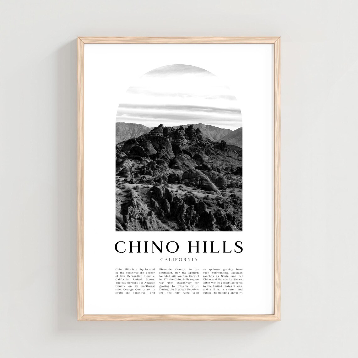 Chino Hills California Black and White Rocky Hills Photo Poster