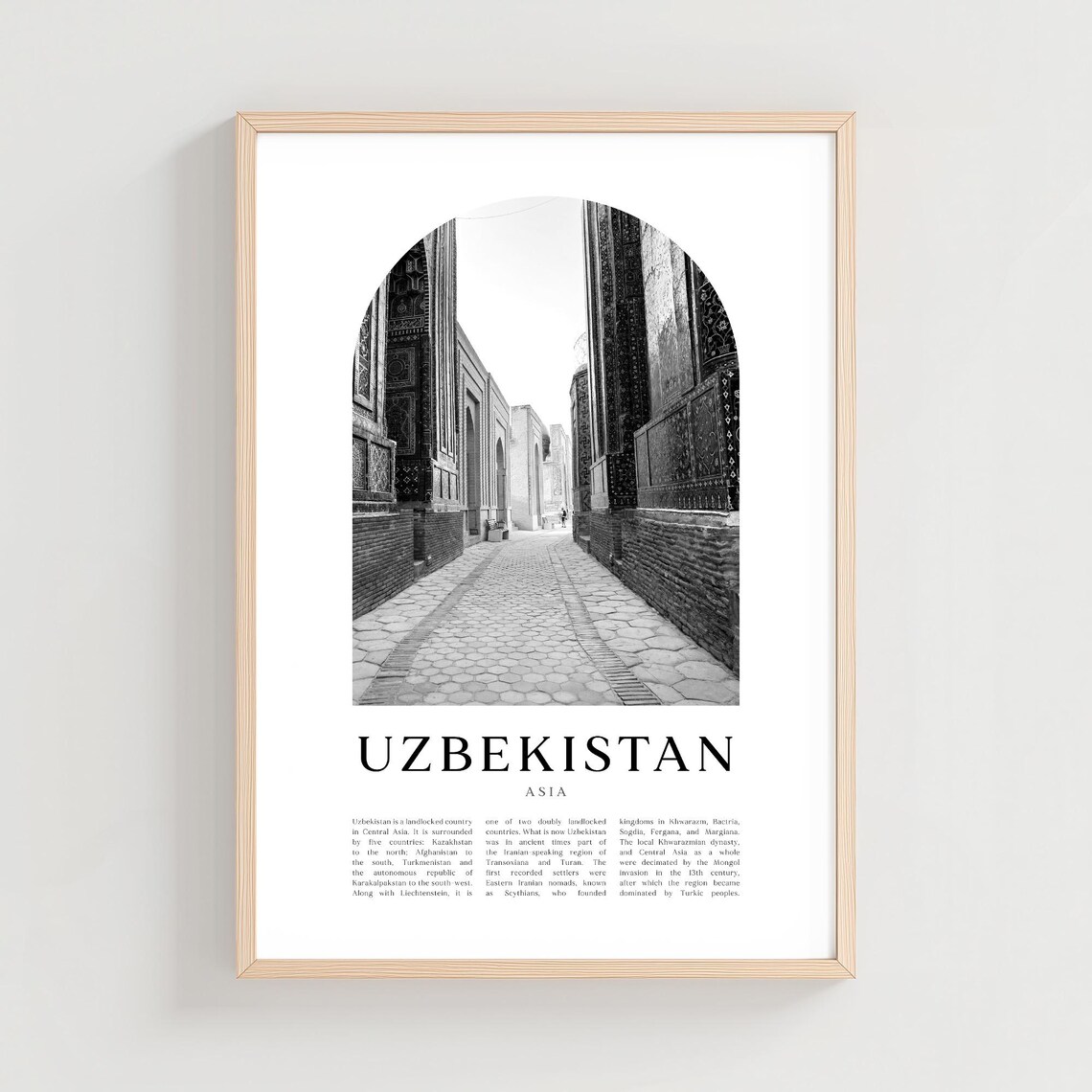 Uzbekistan Historic Old Town Alley Black and White Travel Poster