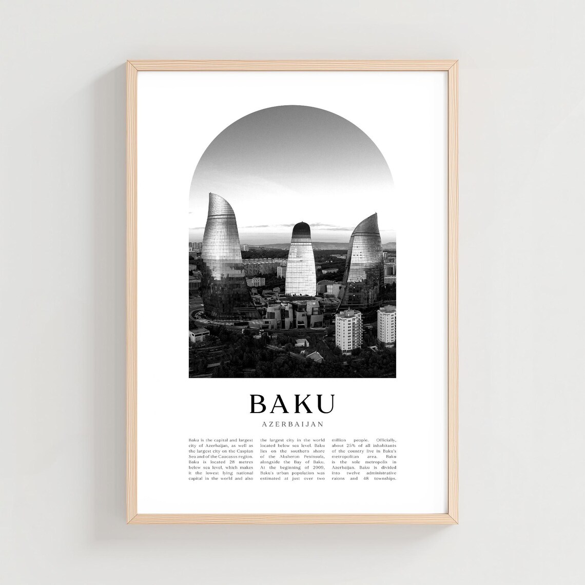 Baku Azerbaijan Flame Towers Modern Skyline Black White Arch Poster