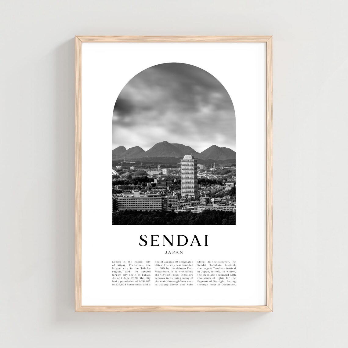 Sendai Japan Mountain City Skyline Black and White Photo Poster Art