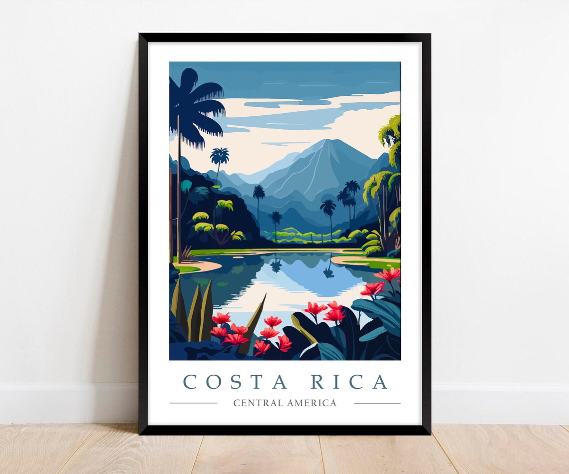 Costa Rica Tropical Jungle Lake with Volcano Peak Travel Poster