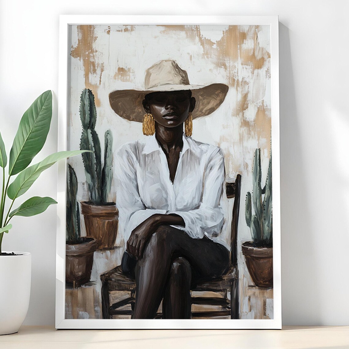 Hat And Cactus Woman Portrait, Modern Boho Art Print