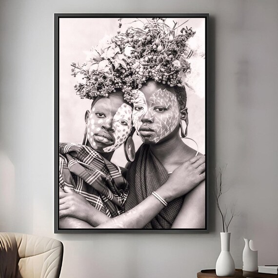 Tribal Sisters Portrait With Face Paint And Floral Headdresses Unique African Art Print
