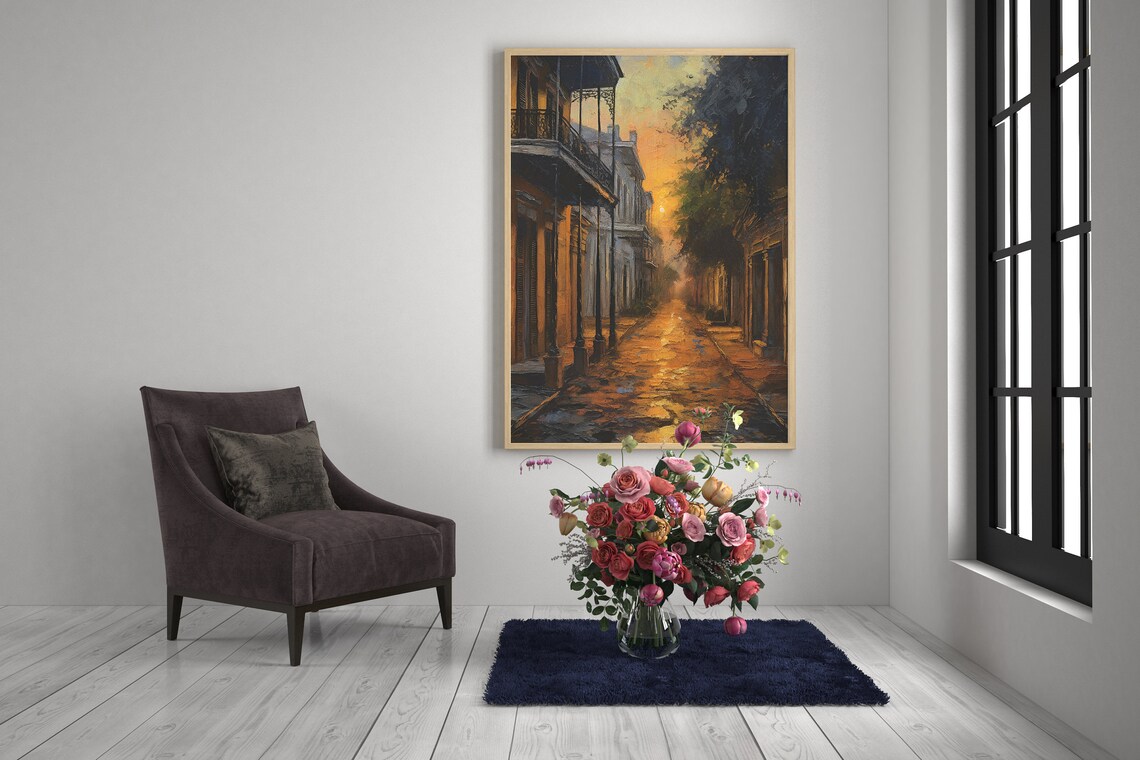 New Orleans French Quarter Sunset Balconies Cobblestone Street Painting Poster - Image 3