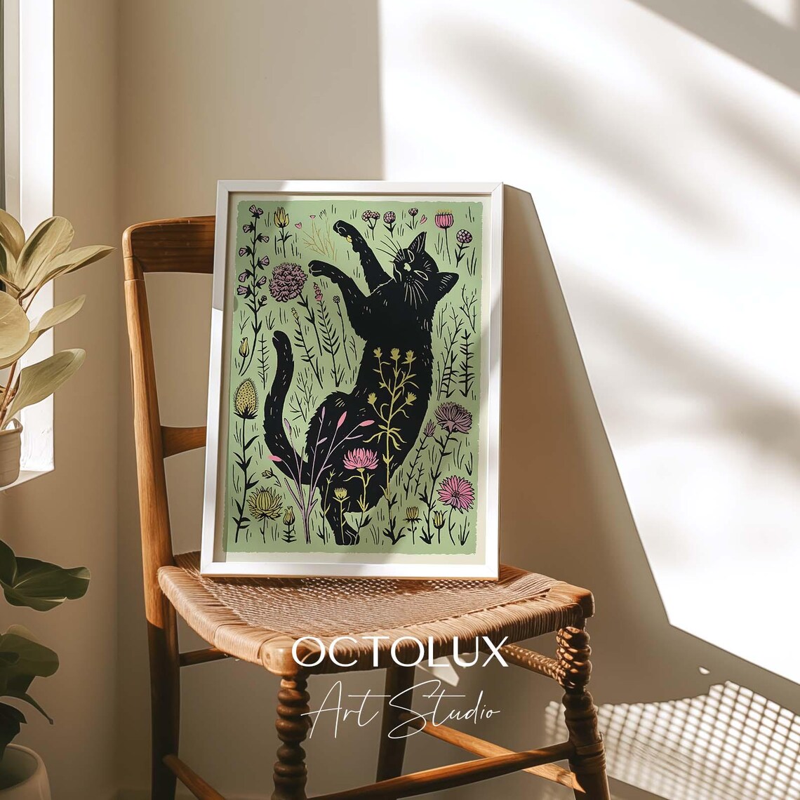 Black Cat Stretching In Wildflower Garden Vintage Botanical Woodcut Art Print