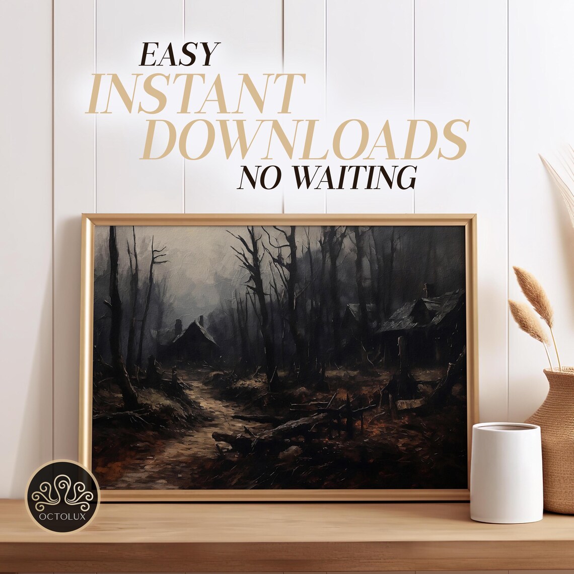 Dark Cottage In Misty Bare Forest Moody Gothic Landscape Wall Art Print - Image 3
