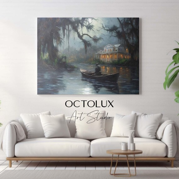 Southern Gothic Haunted Bayou Mansion Moonlit Boatman Dark Wall Art Print