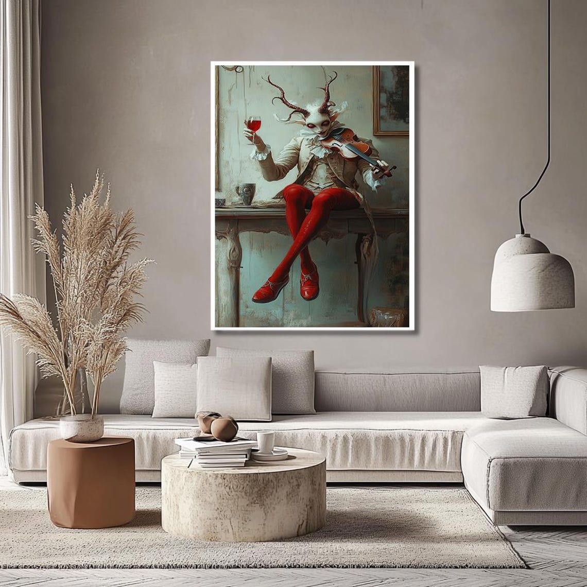 Horned Skeleton Violinist With Red Wine Dark Surreal Art Poster - Image 2