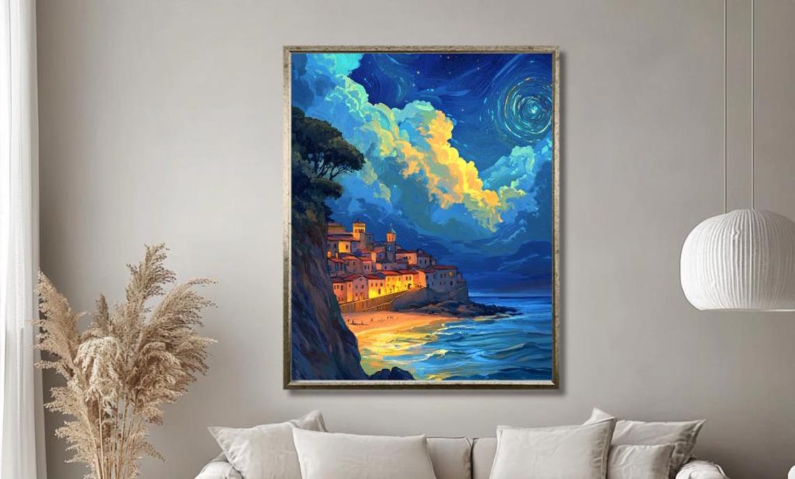 Illuminated Coastal Village Under Swirling Starry Night Sky Poster