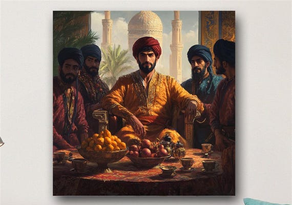 Oriental Feast Wall Art Middle Eastern Royalty Print Traditional Banquet Wall Decor Golden Palace Scene