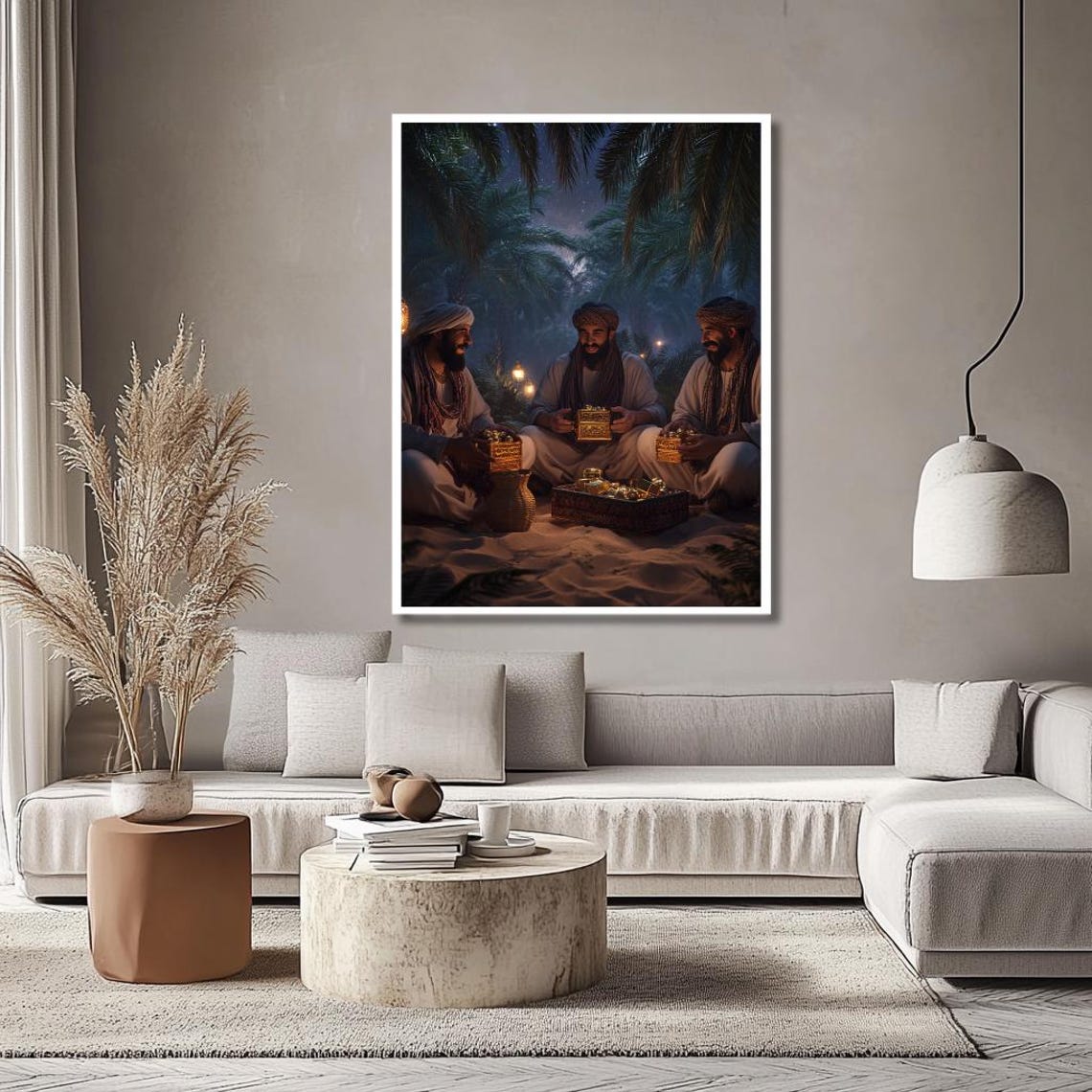 Three Wise Men With Gifts Resting in the Desert at Night Poster - Image 2