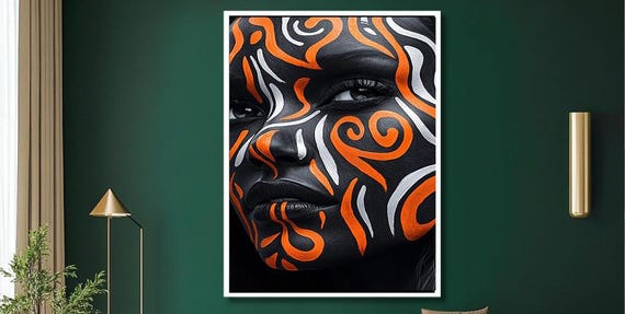 Abstract Tribal Face Wall Art Bold Orange And Black Painting Unique Wall Decor For Living Room
