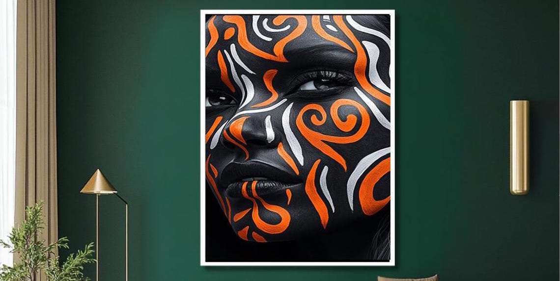 Abstract Tribal Face Wall Art Bold Orange And Black Painting Unique Wall Decor For Living Room