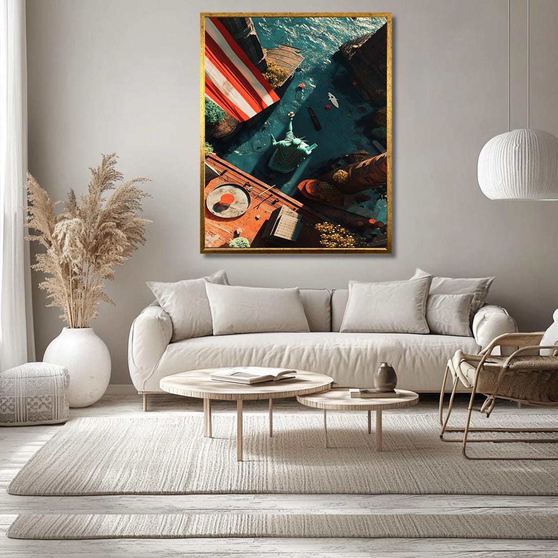 Aerial Statue Of Liberty Harbor View With American Flag Poster - Image 3