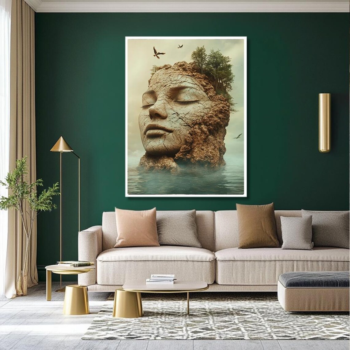 Serene Stone Face Island Rising from Calm Ocean Waves Art Print - Image 2