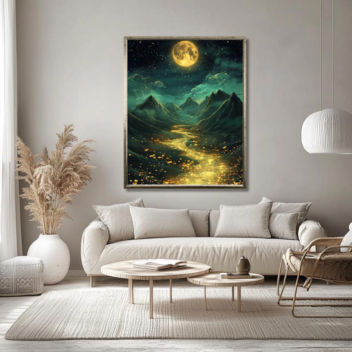Full Golden Moon Over Dark Mountains With Glowing Golden River Poster - Image 2