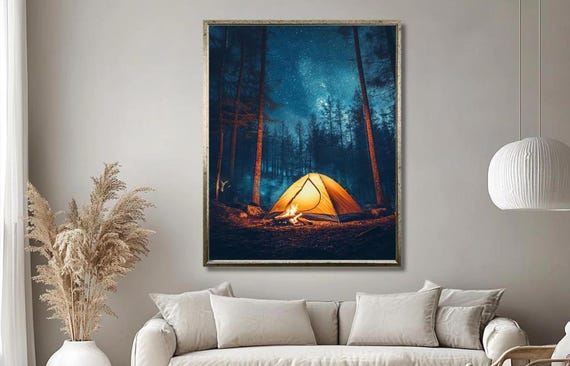 Starlit Forest Camping Wall Art Cozy Tent And Campfire Under Starry Night Sky Tranquil Nature Decor For Living Room Large