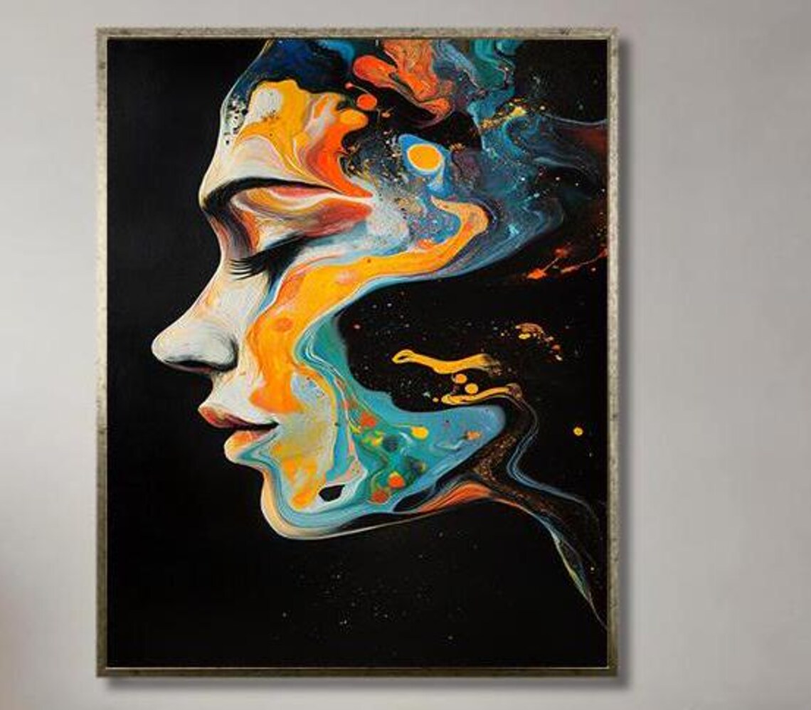 Abstract Colorful Woman Profile Face Fluid Paint Modern Art Poster - Image 2