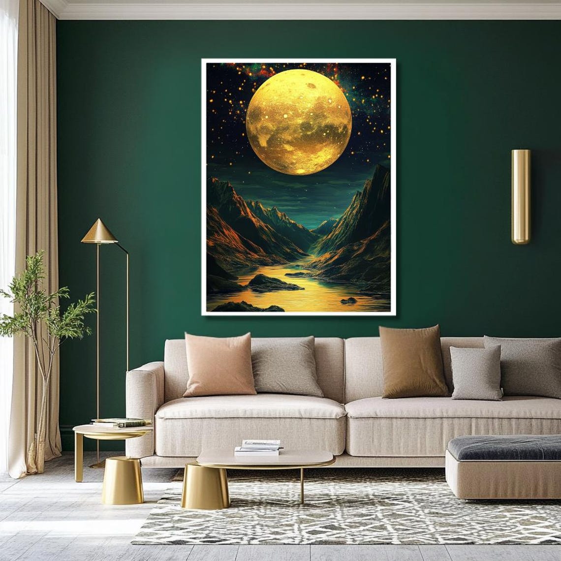 Giant Golden Moon Over Starry Mountain Valley River Reflection Poster - Image 2