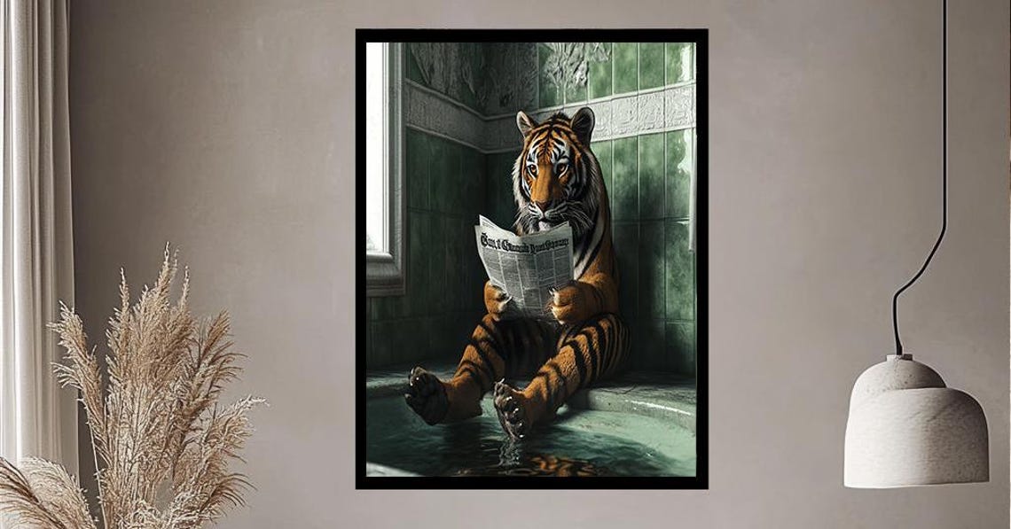 Relaxed Tiger Reading Newspaper in Green Tiled Bathtub Print