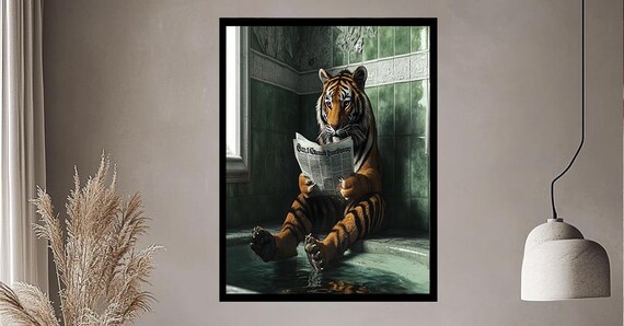 Relaxed Tiger Reading Newspaper in Green Tiled Bathtub Print