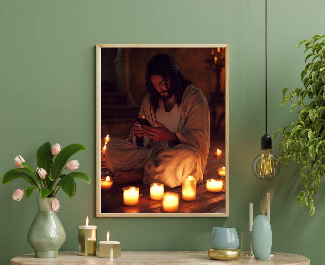 Jesus Christ Praying Among Glowing Candles Night Religious Print - Image 3
