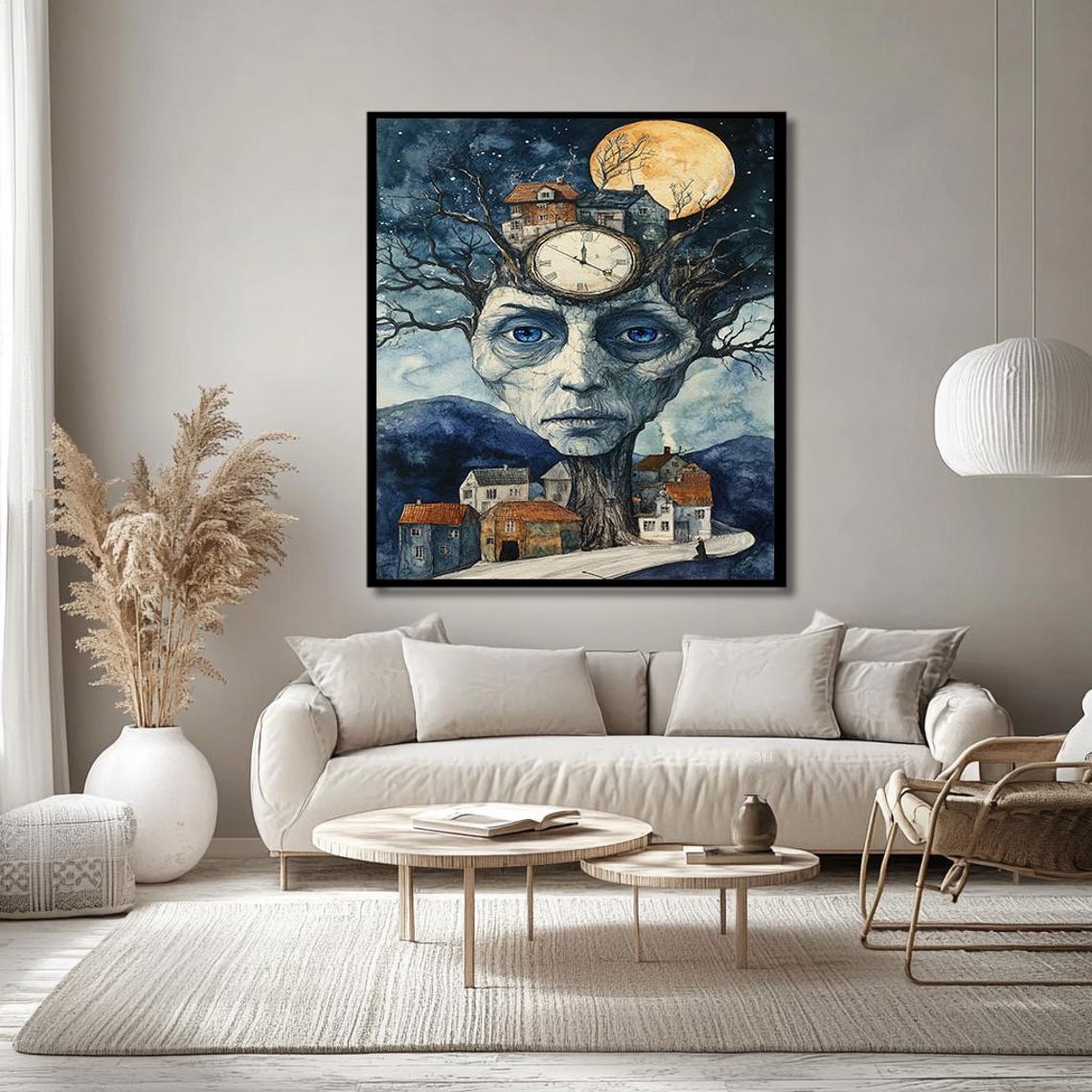 Whimsical Tree Spirit Face With Clock And Moonlit Village Poster - Image 2