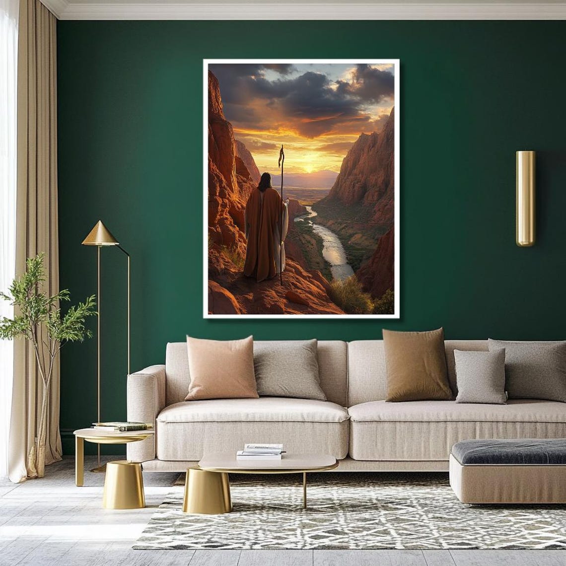 Jesus Overlooking River Canyon at Sunset With Walking Staff Poster - Image 2
