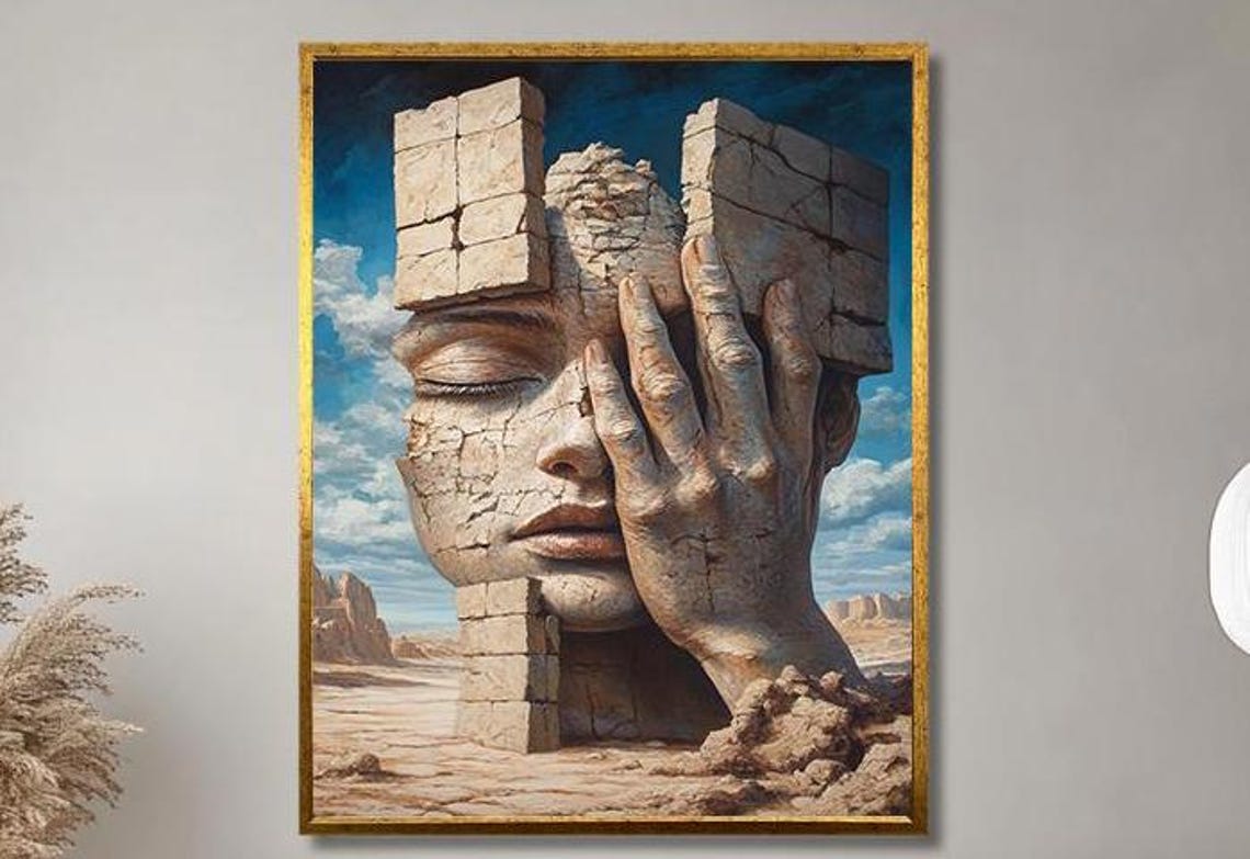 Crumbling Ancient Stone Face in Desert Surreal Sculpture Art Print - Image 3