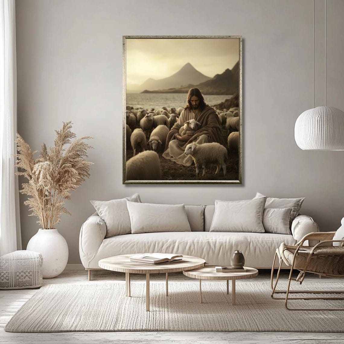 Jesus the Good Shepherd with Sheep Flock Lakeside Mountain Poster - Image 3