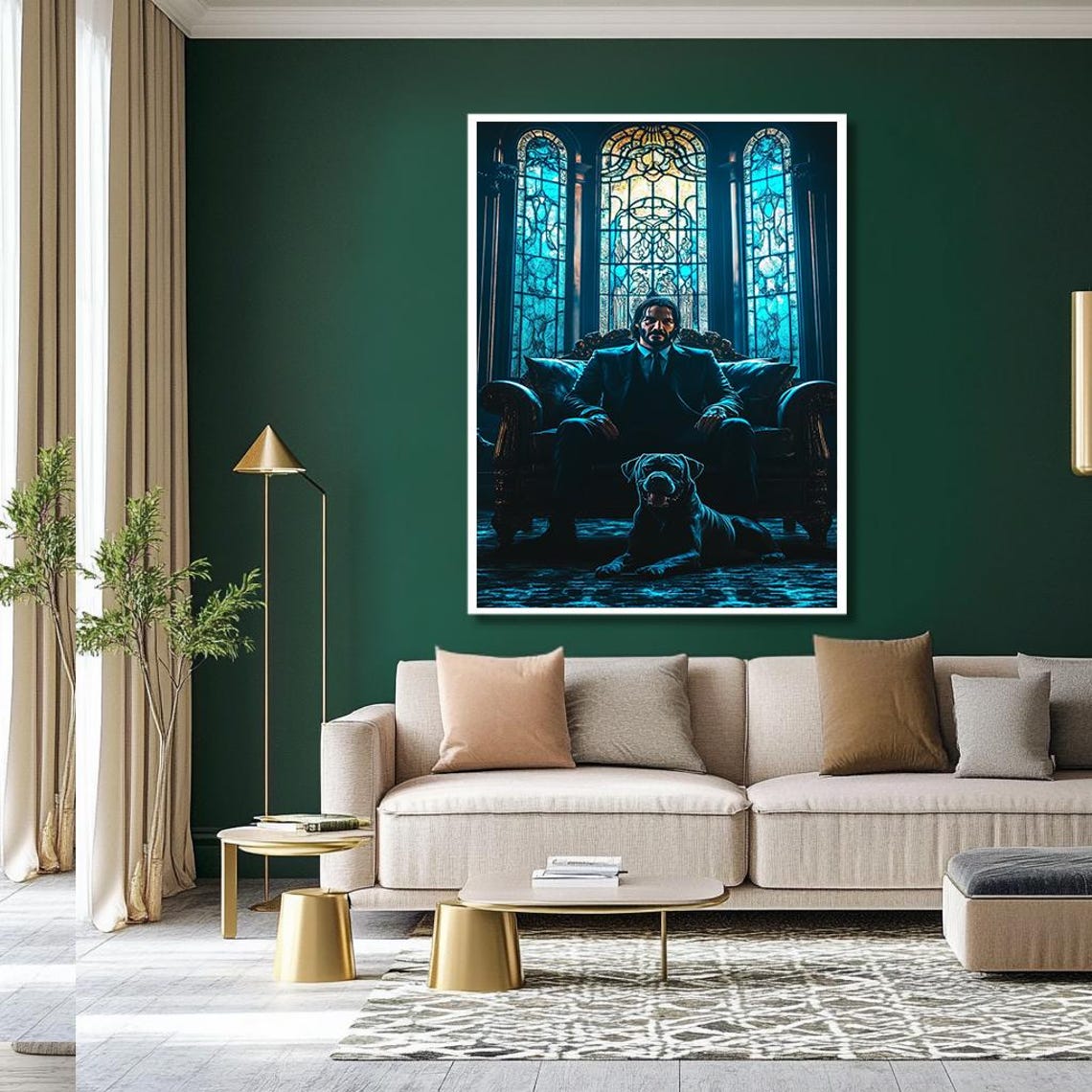 Dark Gothic Portrait Man on Throne with Loyal Black Dog Print - Image 2