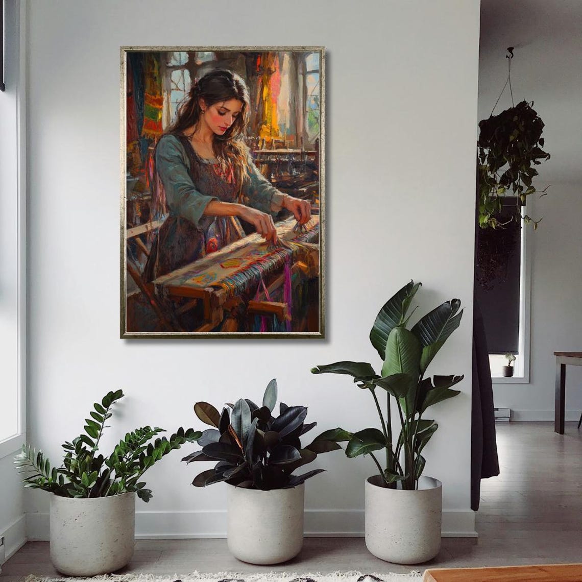 Artisan Woman Weaving at Loom in Sunlit Workshop Painterly Art Poster