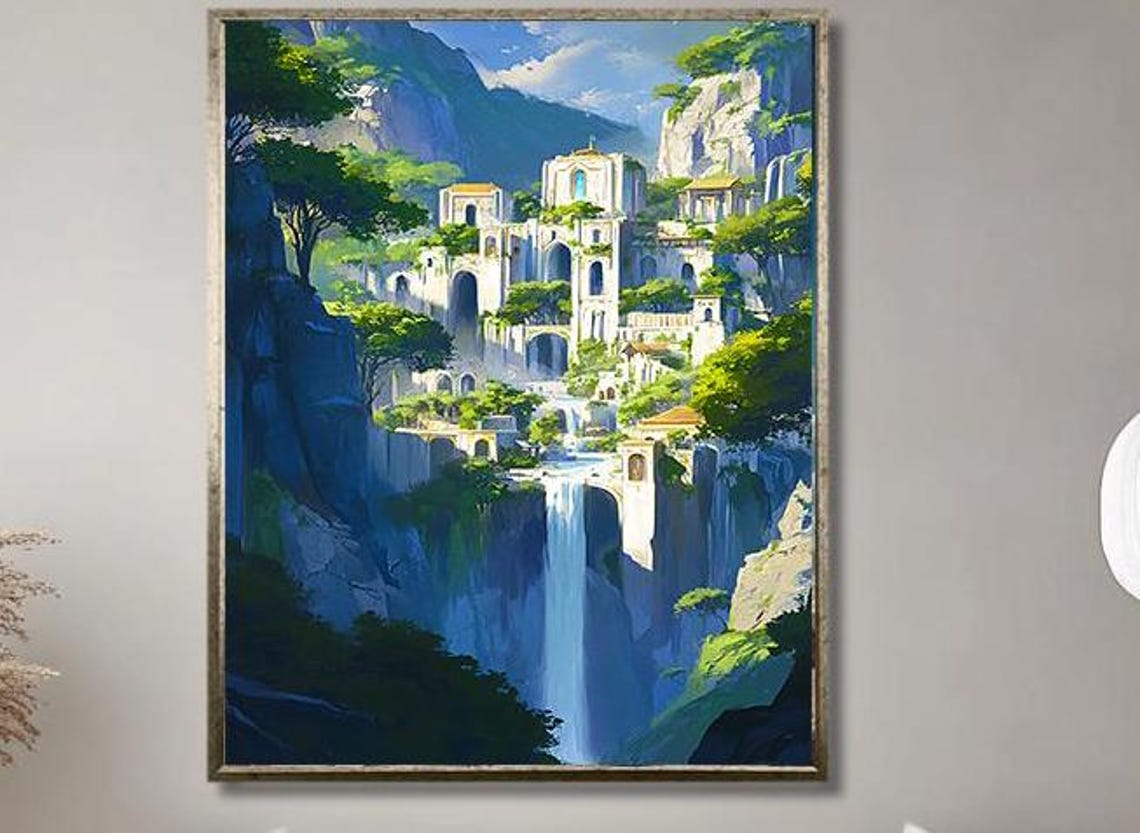 Cliffside Village Waterfall Mediterranean Dream Fantasy Print - Image 2