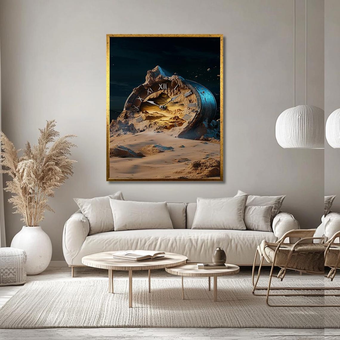 Giant Broken Clock Half Buried in Desert Sand Night Surreal Print - Image 3