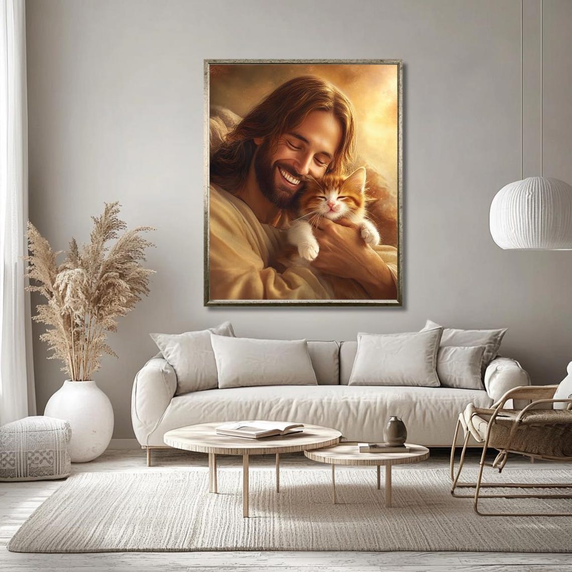 Jesus Smiling Holding an Orange Kitten Golden Light Art Poster - Image 2