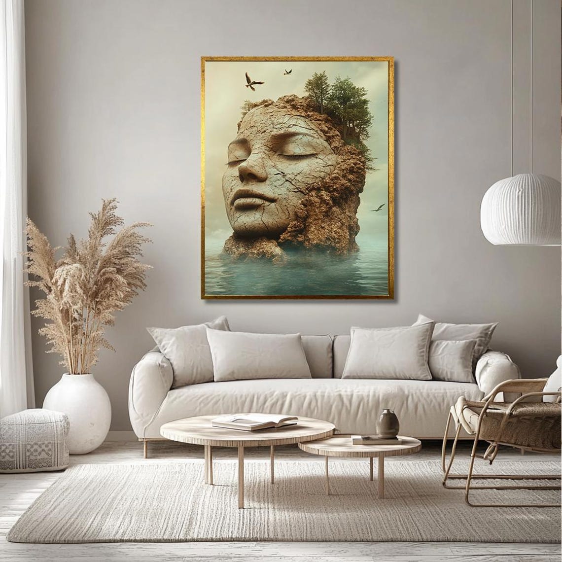 Serene Stone Face Island Rising from Calm Ocean Waves Art Print - Image 3