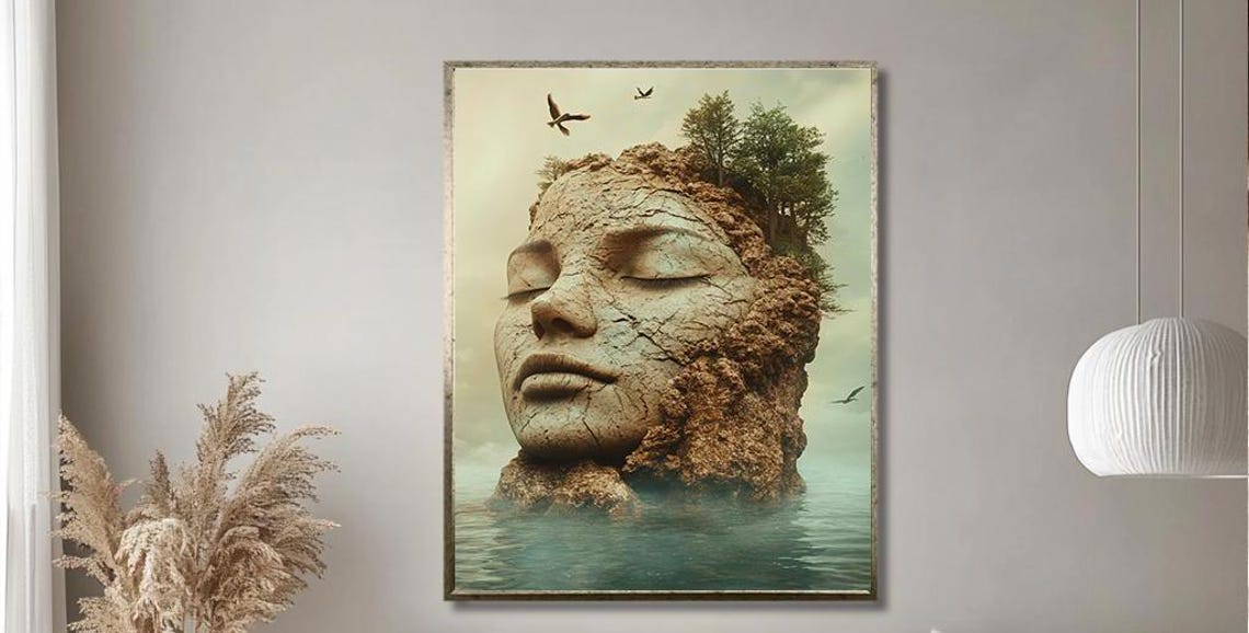 Serene Stone Face Island Rising from Calm Ocean Waves Art Print