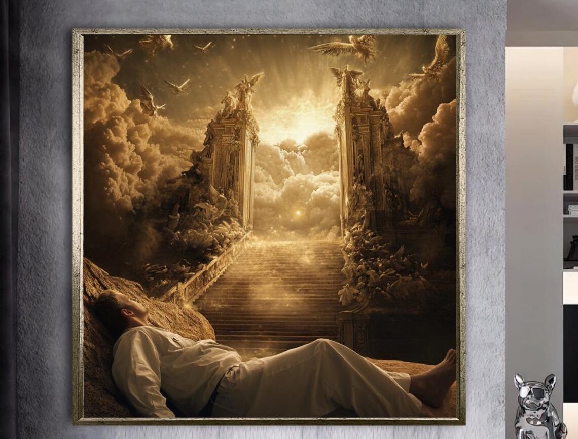 Man Gazing Up at Golden Stairway to Heaven Through the Clouds Poster