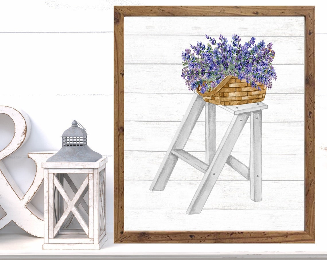 Basket of Lavender Blooms on Distressed White Ladder Wall Art
