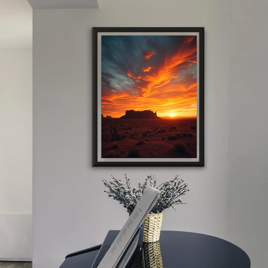 Desert Mesa Sunset Fiery Orange Sky Cacti Western Landscape Poster - Image 3